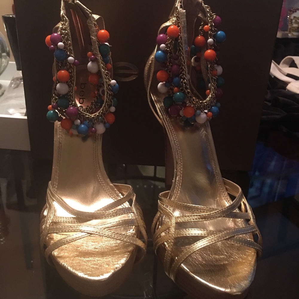 Bebe Polly Metallic Gold Leather Heels ( Size 10)